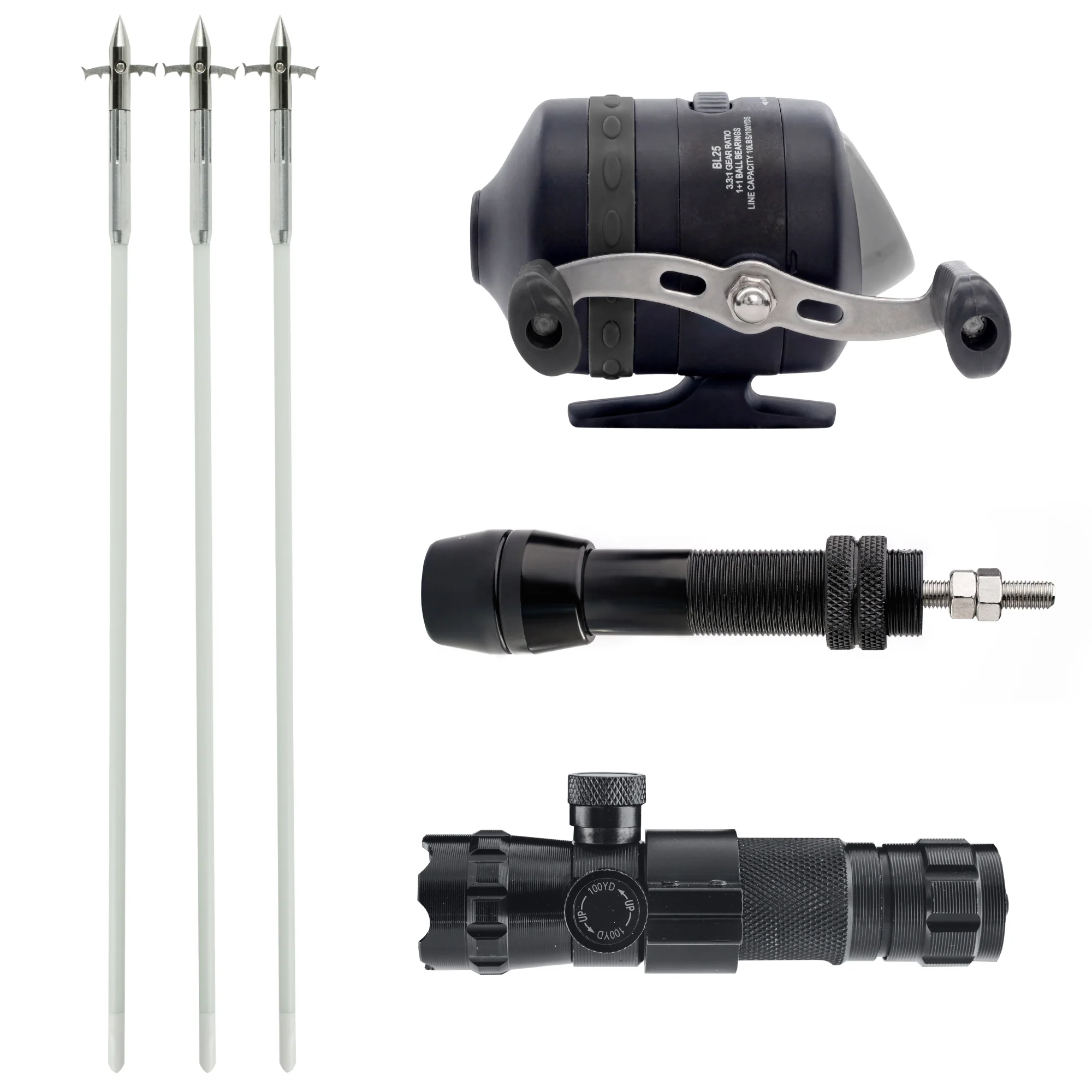 Basic Bowfishing Kit: BL25 Spincast Reel, Bowfishing Arrows, Green Laser Sight, Reel Mount Seat